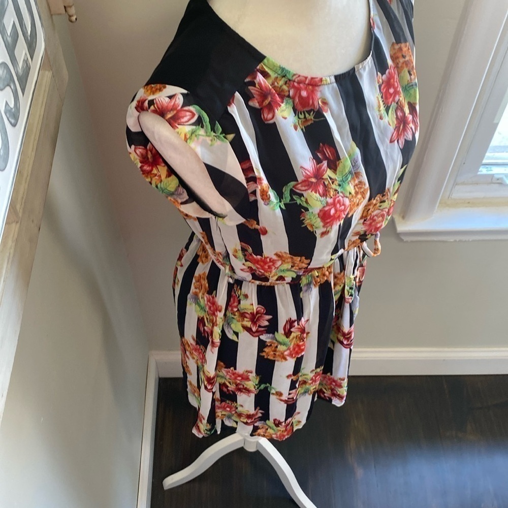 TULLE Floral Stripes Chiffon Tie Waist Dress Black White Red Green Orange - Picture 3 of 10